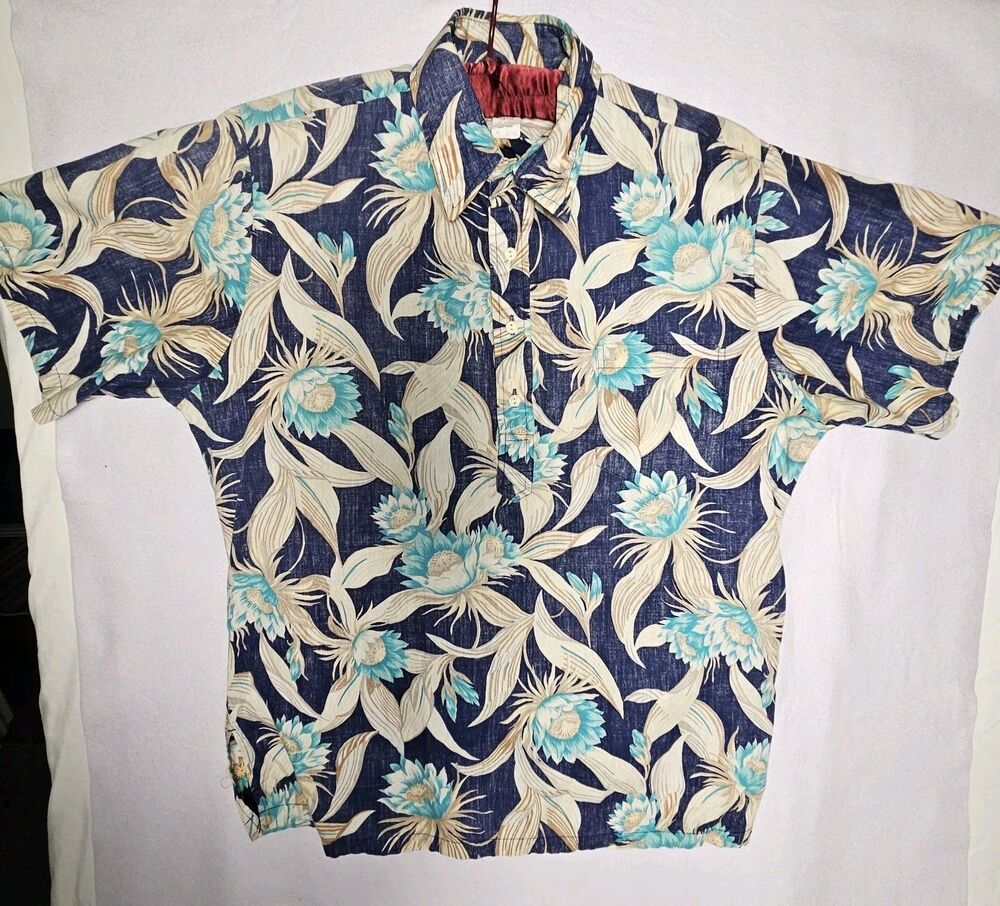 Kala & Co Hawaii 90s Vintage Aloha Popover XL Made In USA Blue/Beige Floral